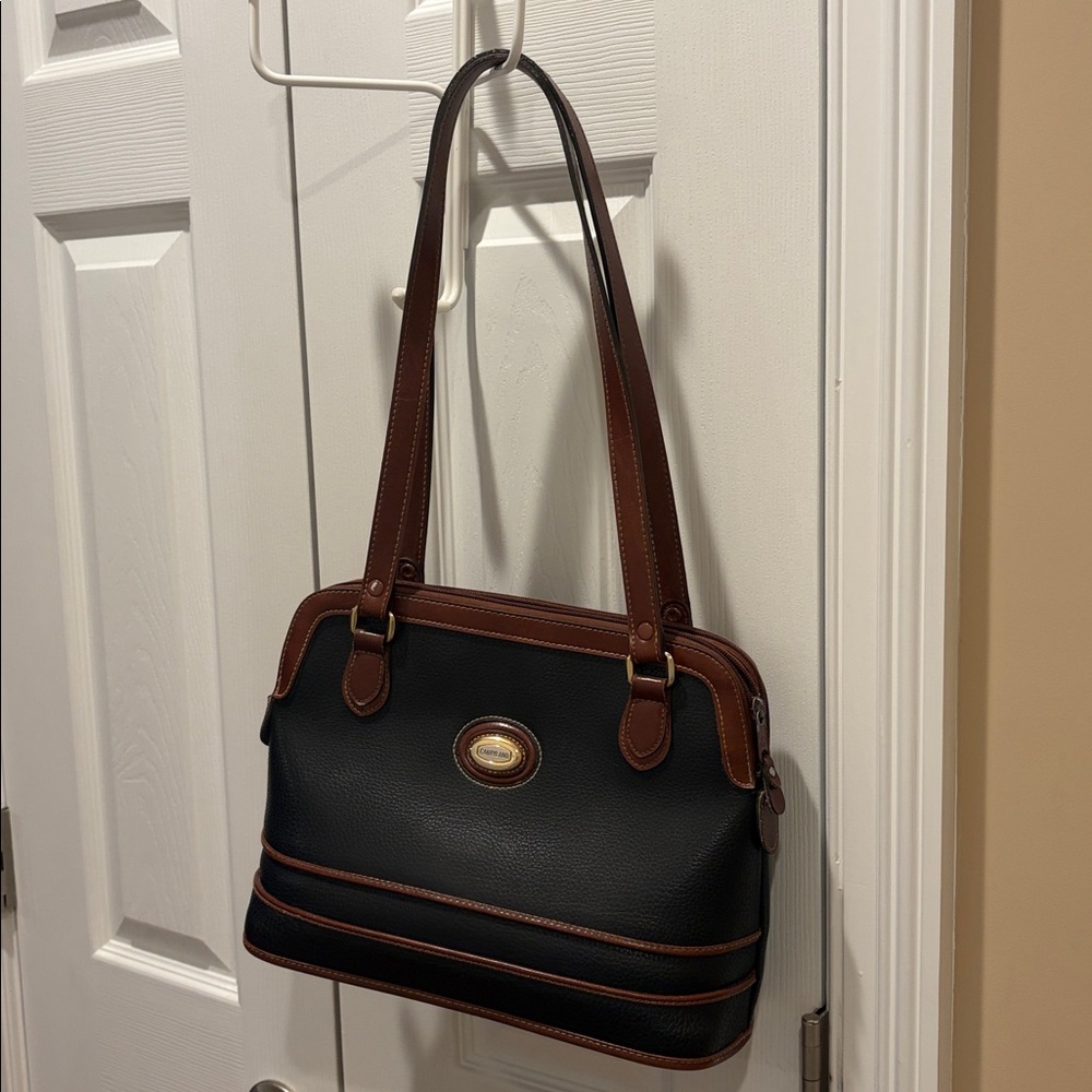 vintage leather black & brown Carrington structured bowling ball bag handbag